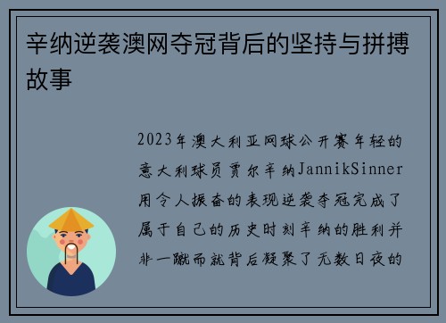 辛纳逆袭澳网夺冠背后的坚持与拼搏故事