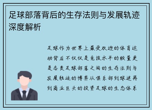 足球部落背后的生存法则与发展轨迹深度解析